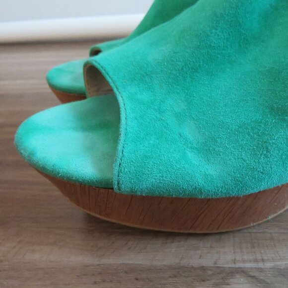 ANTHROPOLOGIE Bow Back Wooden Wedge Peeptoe Sandals in Kelly Green - Size US 10 - Picture 3 of 16